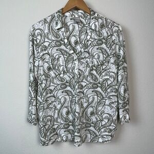 Chico's‎ Linen Paisley Button Down Top Womens L White Olive Green Coastal Casual